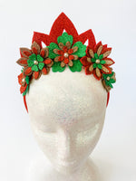 Christmas Sparkle Flower Tiara Crown – Gold, Red & Green Crystal Statement Headpiece | Festive Glam & Luxe Holiday Accessory