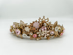 Soft Pink Floral Fairy Garden Crown – Gold Rhinestone Statement Tiara | Bridal, Fantasy Goddess & Luxe Occasion Headpiece