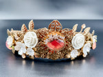 Peach Blossom Pearl Garland Gold Tiara – Floral Statement Crown | Bridal, Fantasy Goddess & Luxe Occasion Headpiece