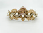 Pearl Luxe Edwardian Gold Tiara – Vintage Crystal Statement Crown | Bridal, Fantasy Goddess & Luxe Occasion Headpiece