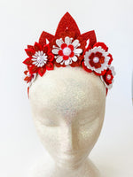 Christmas Sparkle Flower Tiara Crown – Red & White Crystal Statement Headpiece | Festive Glam & Luxe Holiday Accessory