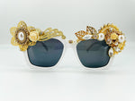 Adult White Square Sunglasses – Golden Pearl Embellished Statement Shades | Bridal, Festival & Luxe Glam