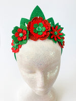 Christmas Sparkle Flower Tiara Crown – Red & Green Crystal Statement Headpiece | Festive Glam & Luxe Holiday Accessory