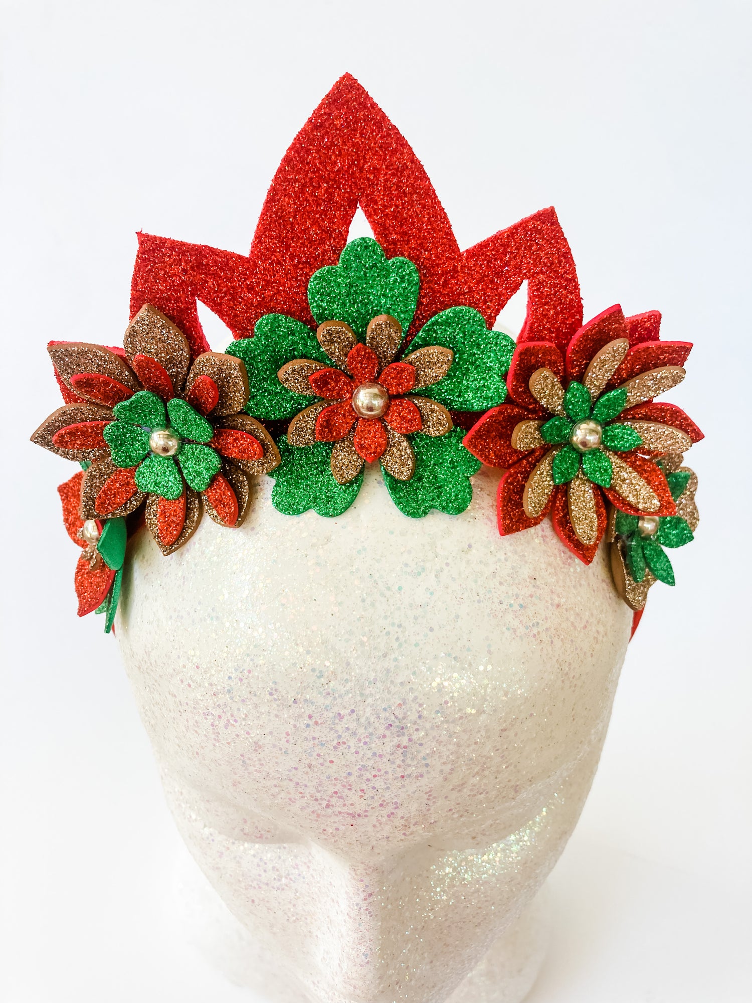 Christmas Sparkle Flower Tiara Crown – Gold, Red & Green Crystal Statement Headpiece | Festive Glam & Luxe Holiday Accessory