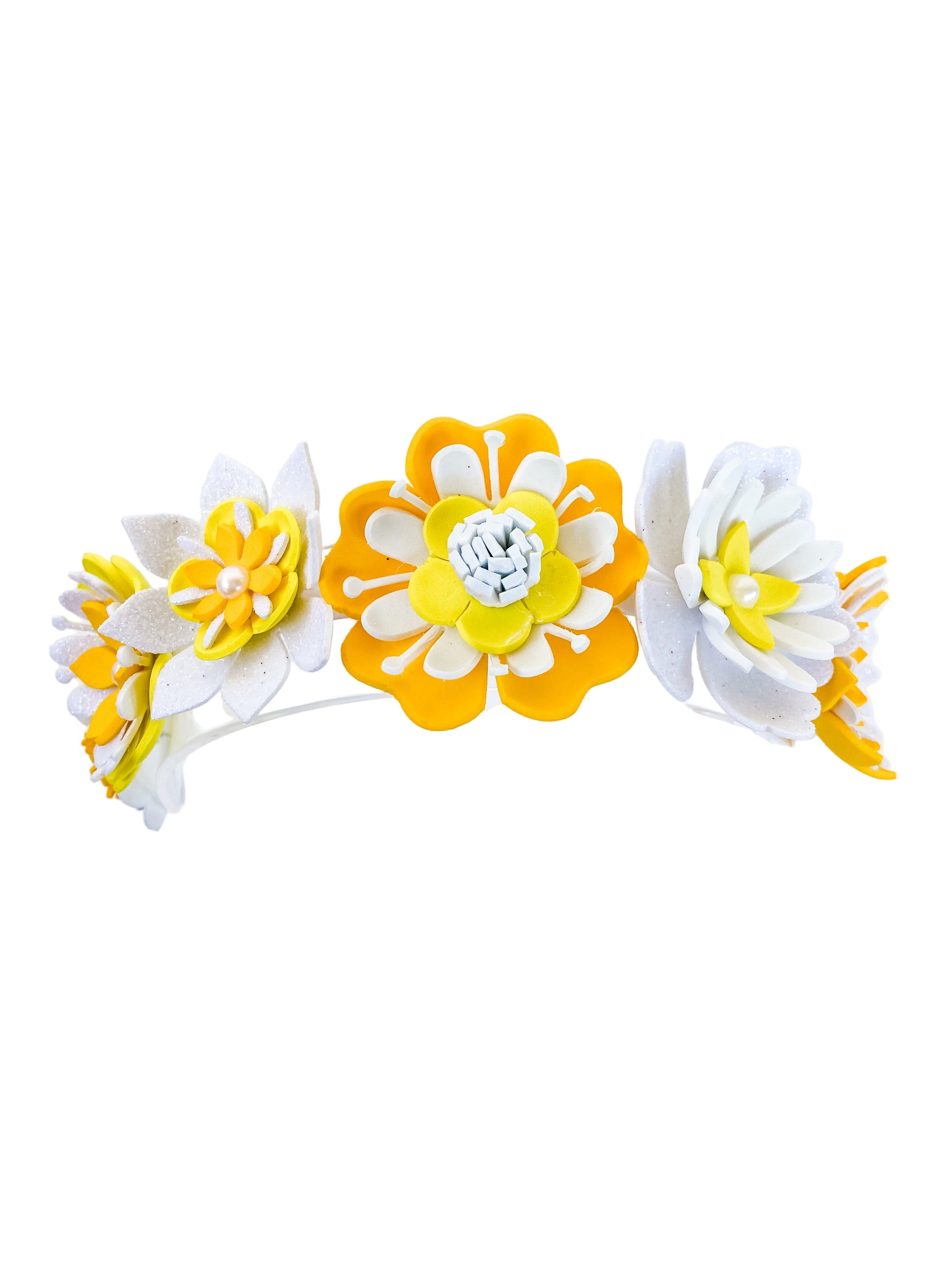 Decorative headband with yellow and white flowers on a white background