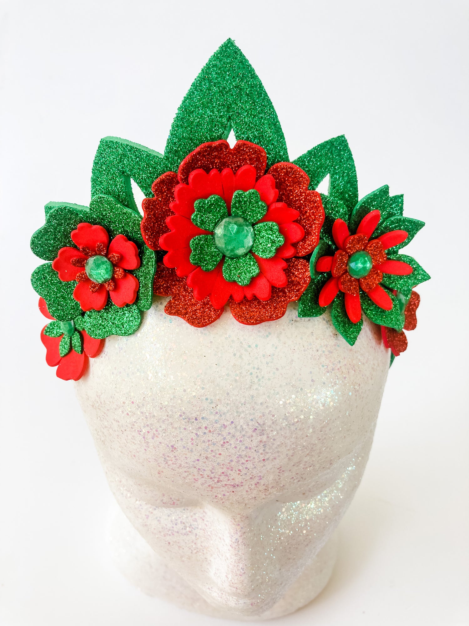 Christmas Sparkle Flower Tiara Crown – Red & Green Crystal Statement Headpiece | Festive Glam & Luxe Holiday Accessory