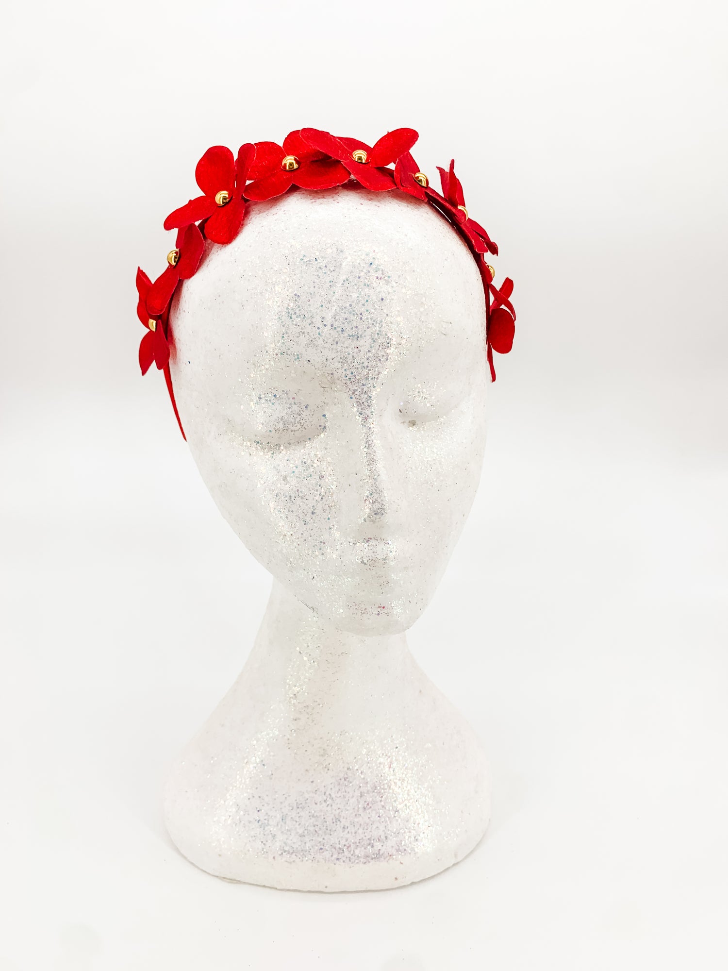 Christmas Silk Flower Crown – Red Blooms with Gold Centres Statement Headpiece | Festive Glam & Luxe Holiday Accessory