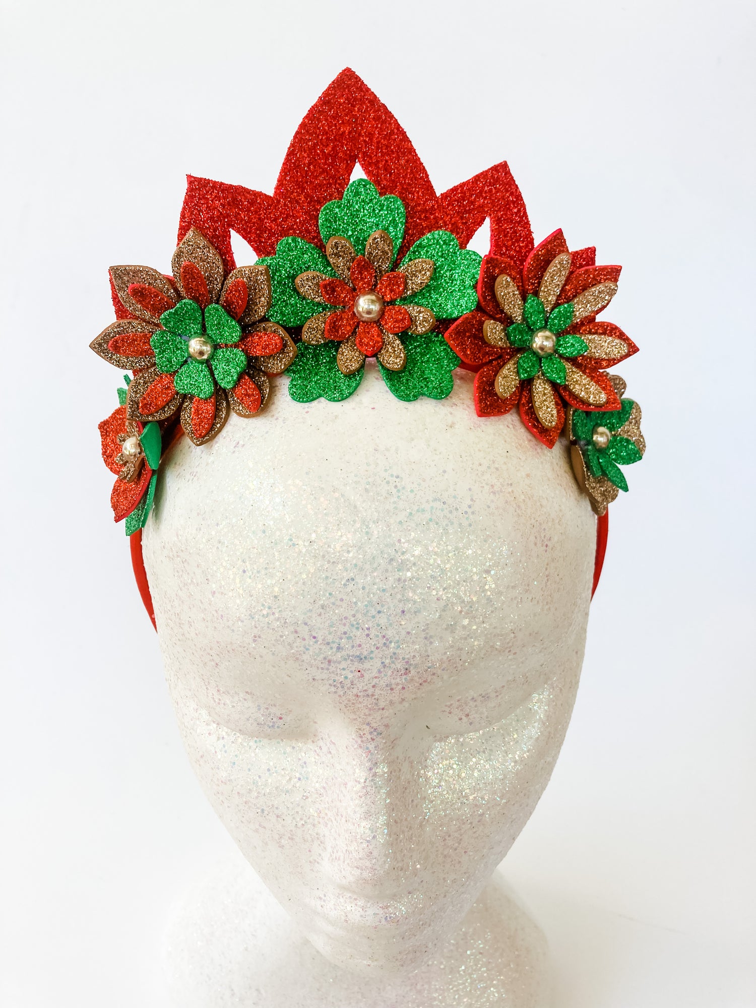 Christmas Sparkle Flower Tiara Crown – Gold, Red & Green Crystal Statement Headpiece | Festive Glam & Luxe Holiday Accessory
