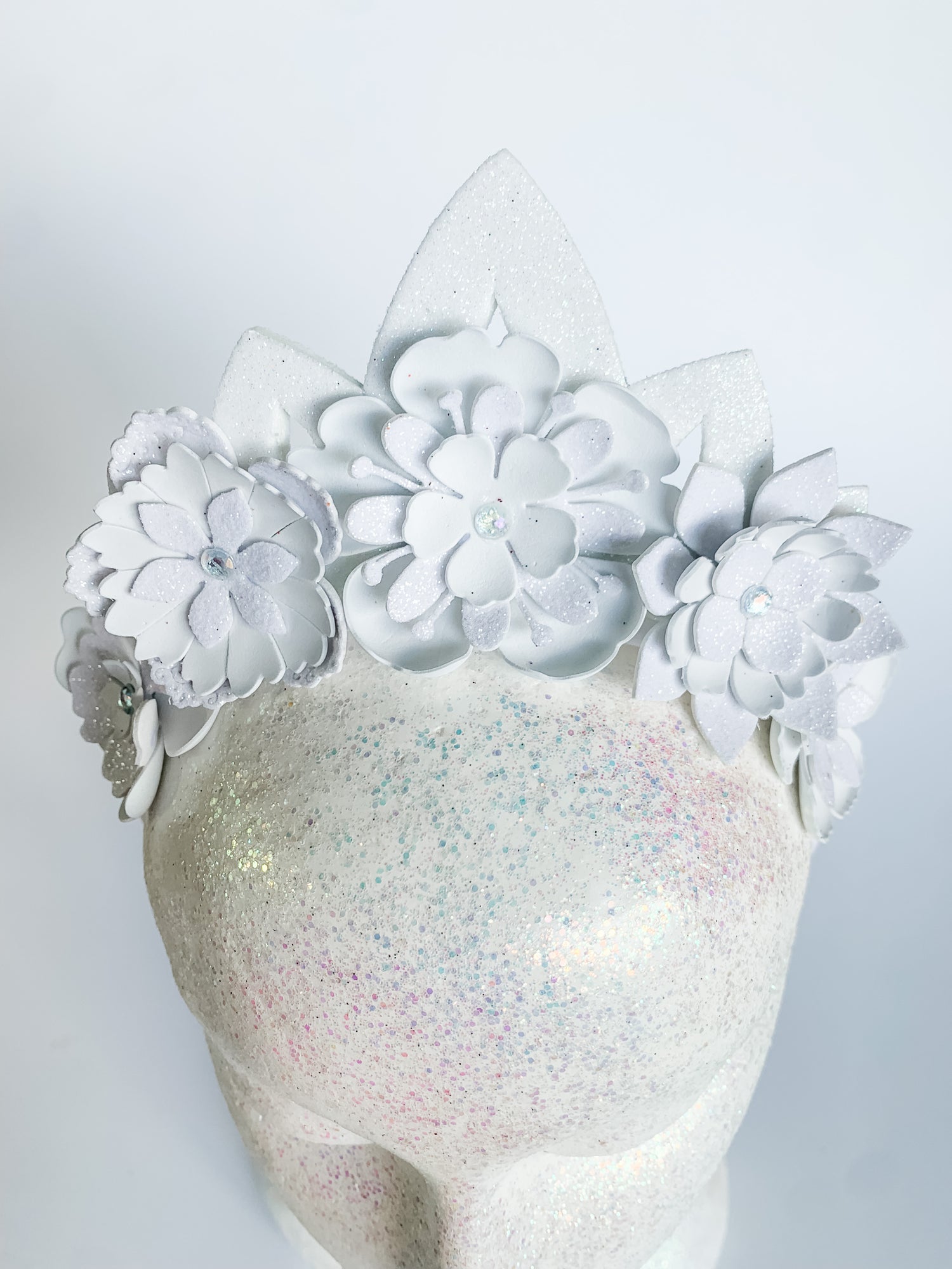 White Sparkle Flower Crown Tiara Headband – Glitter Statement Headpiece | Festival, Bridal & Luxe Occasion Accessory