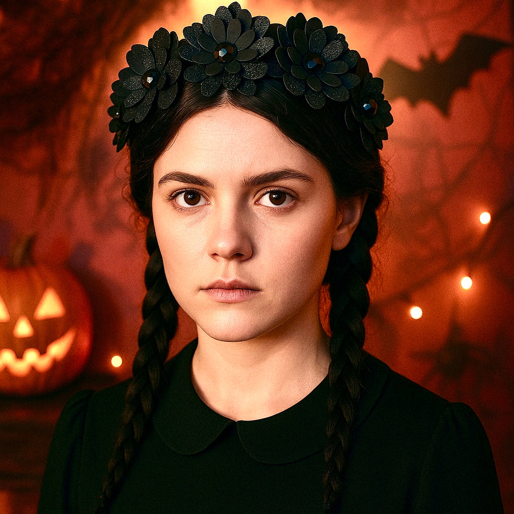 Teen girl looks like Wednesday Addams with long black plaits wearing a black flower headband with Halloween decorations in the background