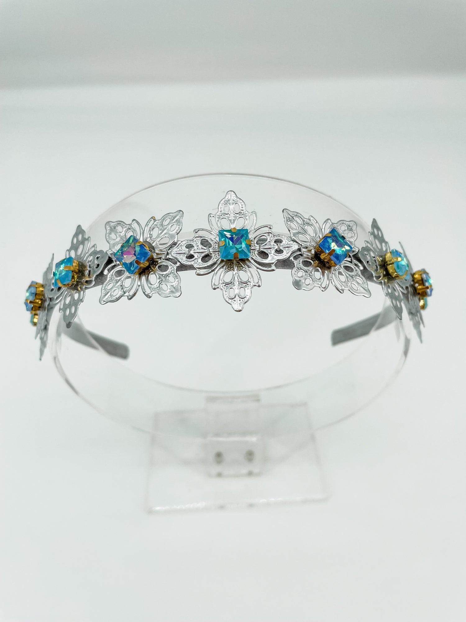 Silver Art Deco Glow Headband – Blue Princess Cut Crystal Statement Hair Accessory | Bridal, Fantasy & Luxe Occasion Glam