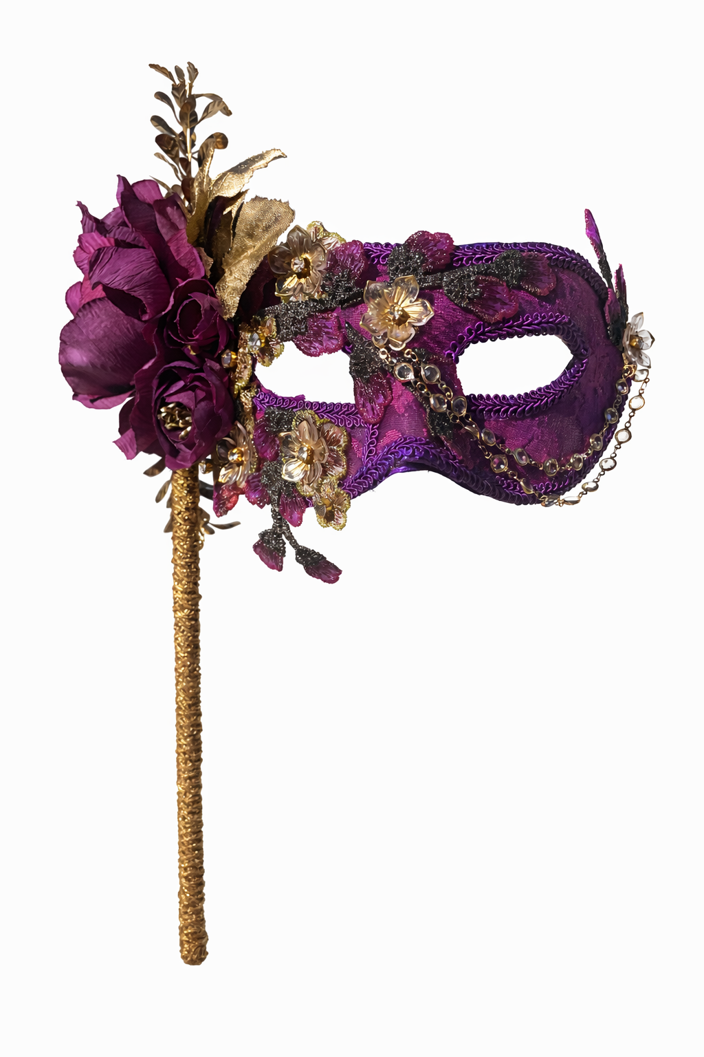 Amethyst & Gold Floral Masquerade Mask – Handmade Venetian Style Mask with Handle, Crystal Embellished Fantasy Ball Mask