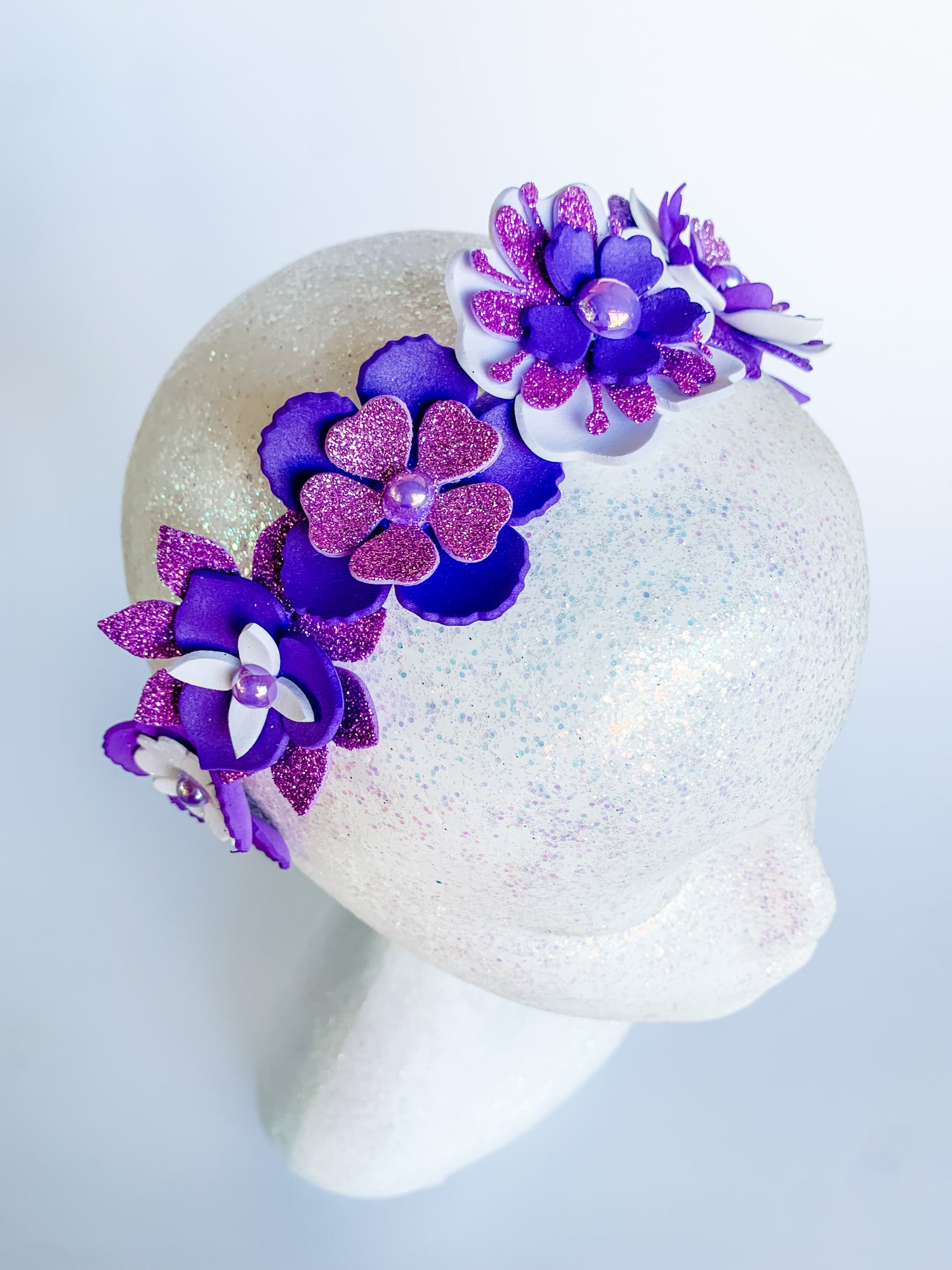 White & Purple Sparkle Flower Crown – Glitter Statement Headpiece | Festival, Bridal & Luxe Occasion Accessory