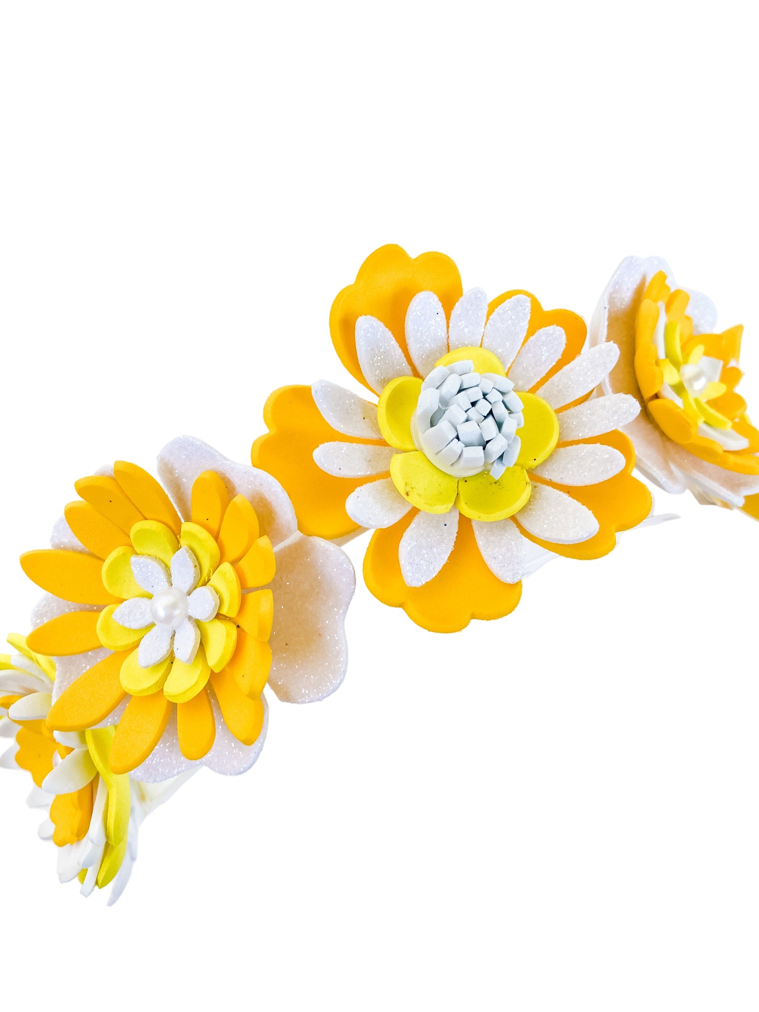 White & Yellow Sparkle Flower Crown – Glitter Statement Headpiece | Festival, Bridal & Luxe Occasion Accessory
