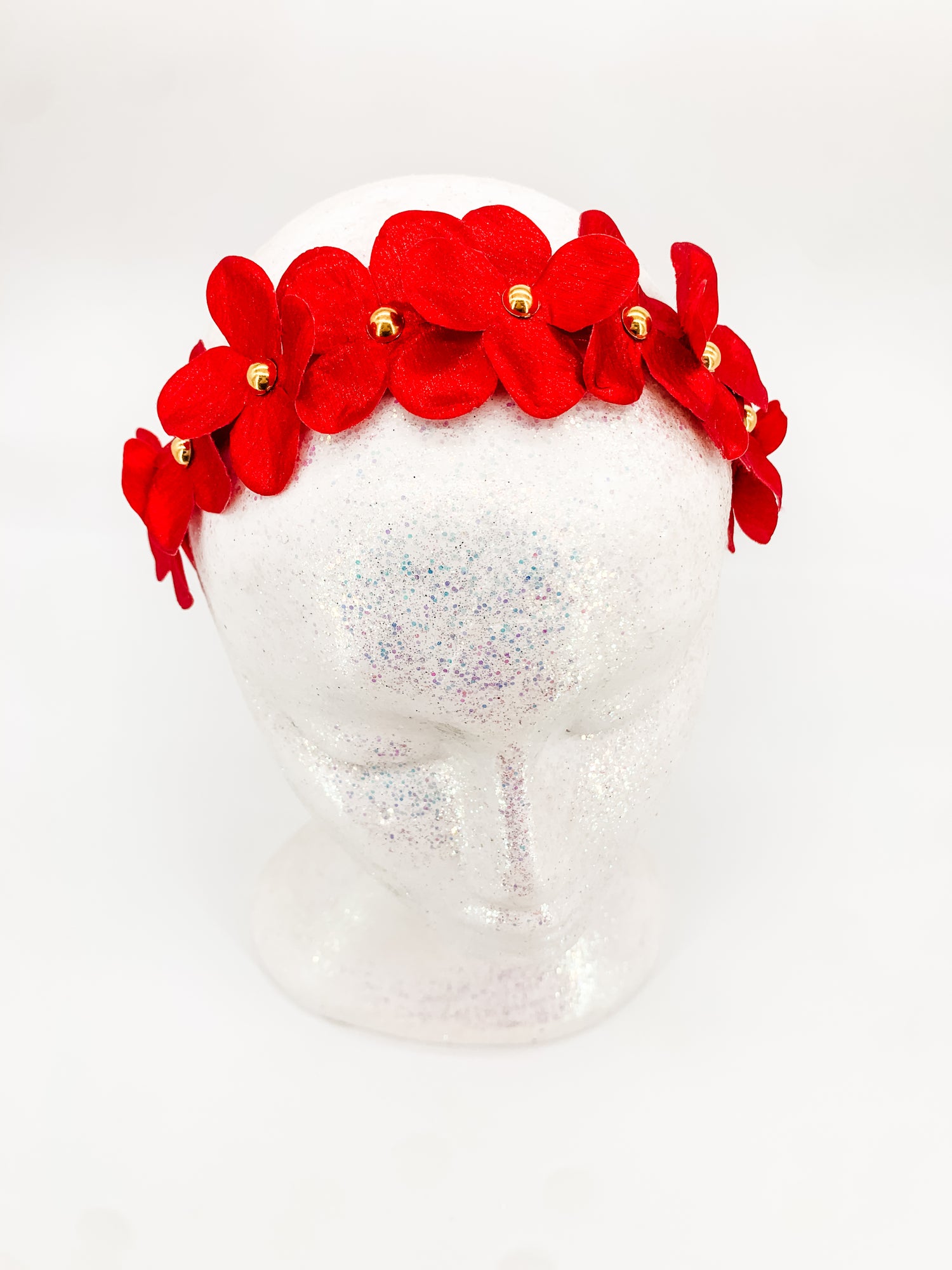Christmas Silk Flower Crown – Red Blooms with Gold Centres Statement Headpiece | Festive Glam & Luxe Holiday Accessory