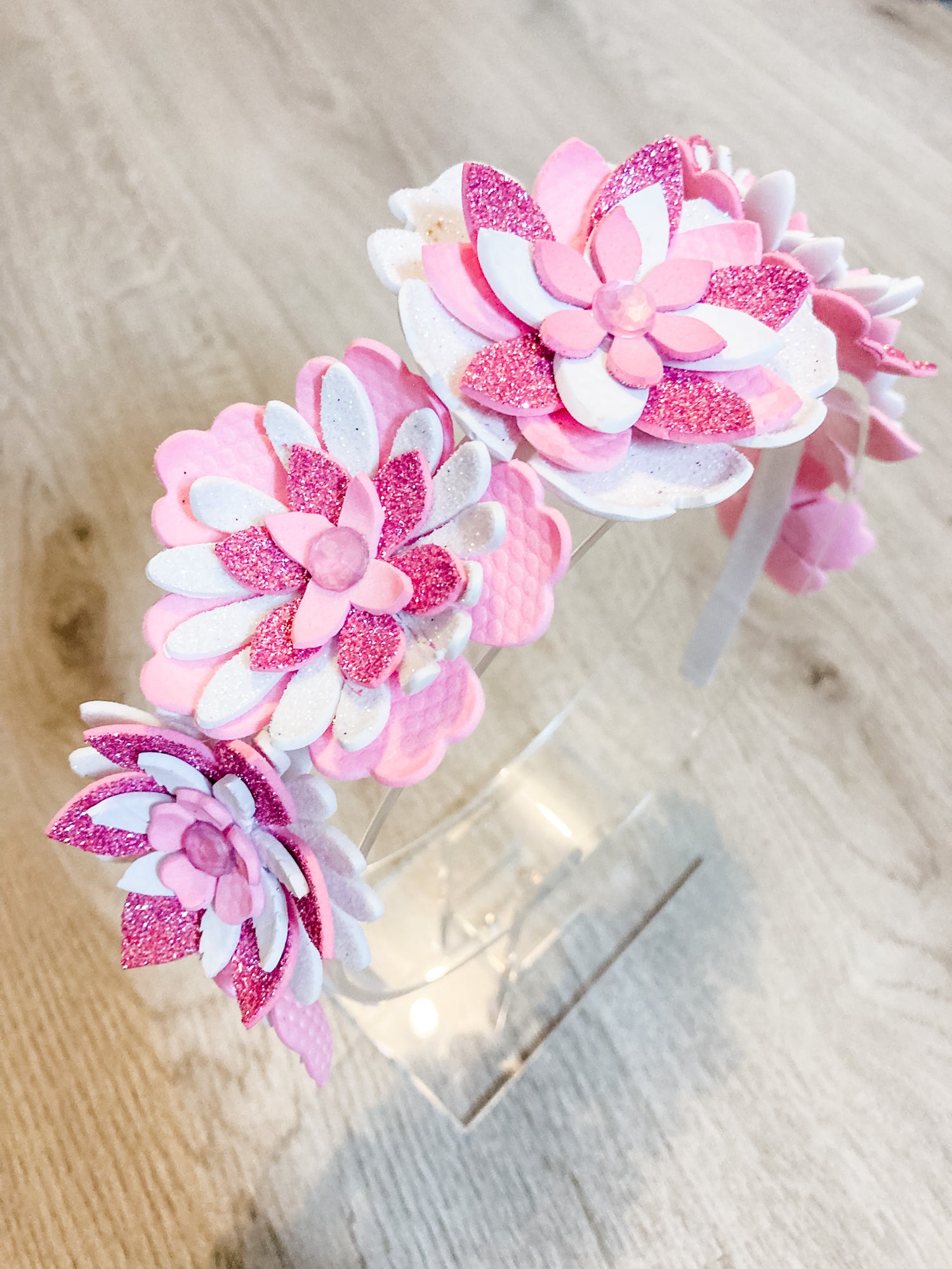 White & Baby Pink Sparkle Flower Crown Headband – Glitter Statement Headpiece | Festival, Bridal & Luxe Occasion Accessory