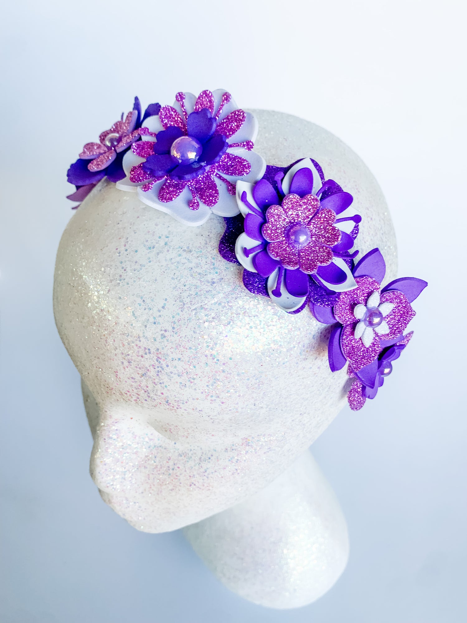 White & Purple Sparkle Flower Crown – Glitter Statement Headpiece | Festival, Bridal & Luxe Occasion Accessory