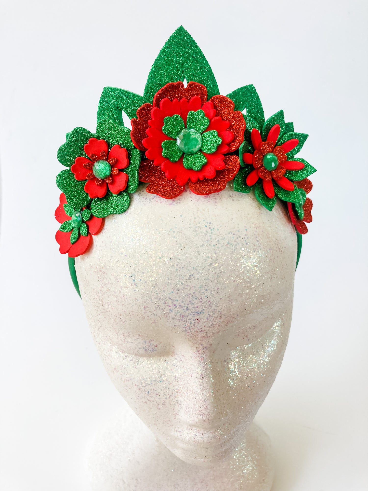 Christmas Sparkle Flower Tiara Crown – Red & Green Crystal Statement Headpiece | Festive Glam & Luxe Holiday Accessory