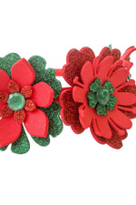 Red and green floral headbands on a white background