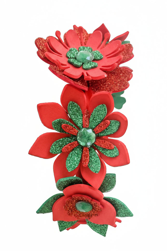 Red and green floral headbands on a white background