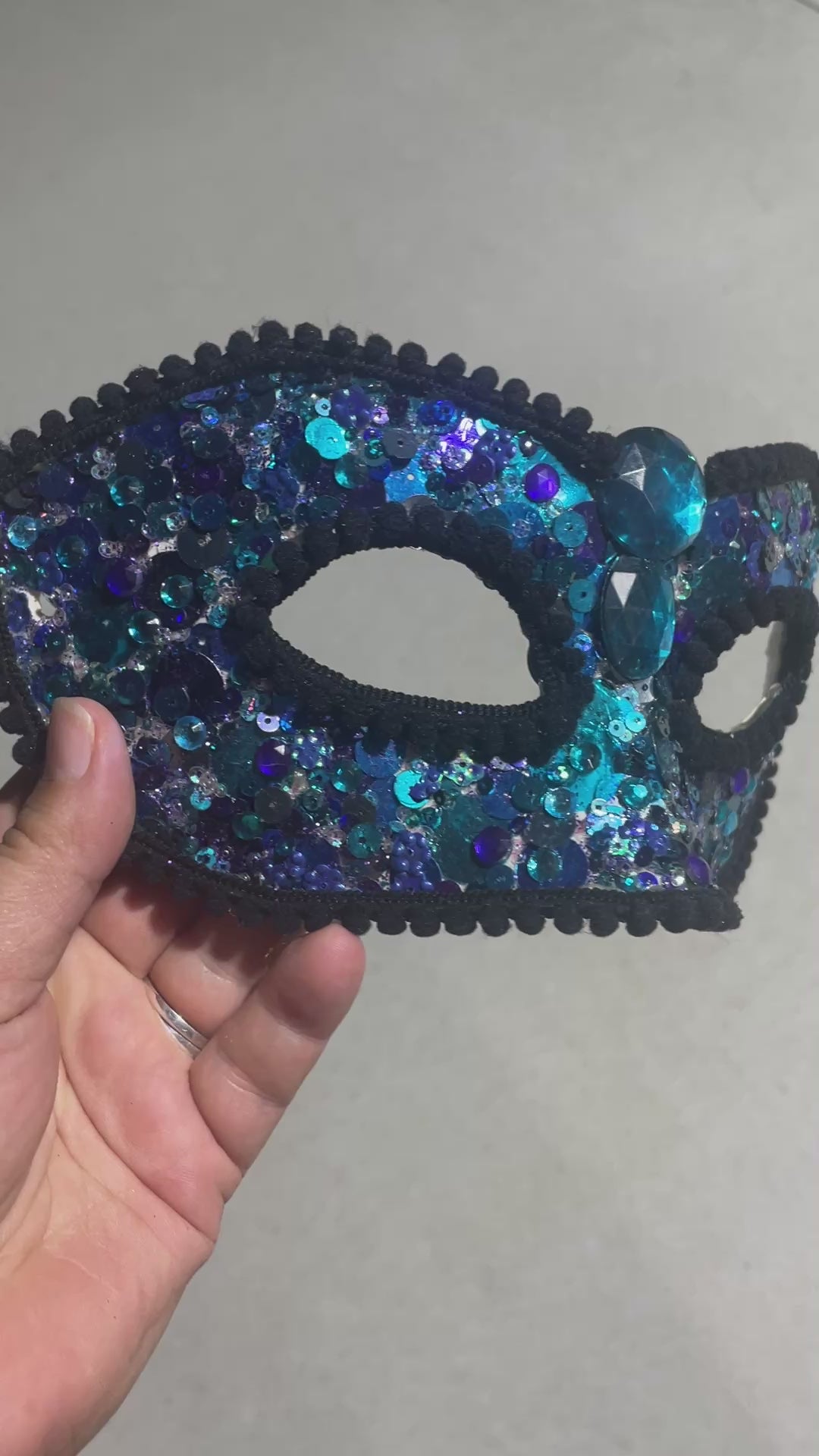 Teal & Blue Sequin Masquerade Mask – Handmade Venetian Style Mask, Crystal Embellished Fantasy Ball Mask